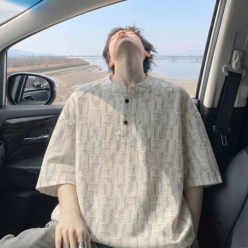 美式潮牌亨利领格纹短袖t恤男