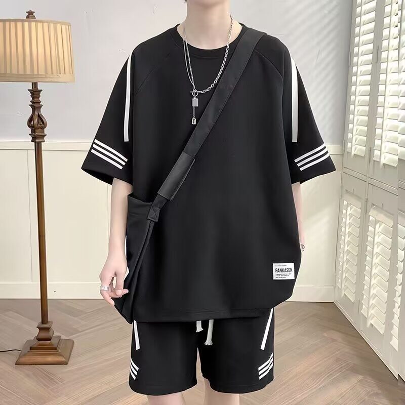 潮牌大码条纹休闲运动套装男夏季宽松一套衣服搭配短袖短裤两件套