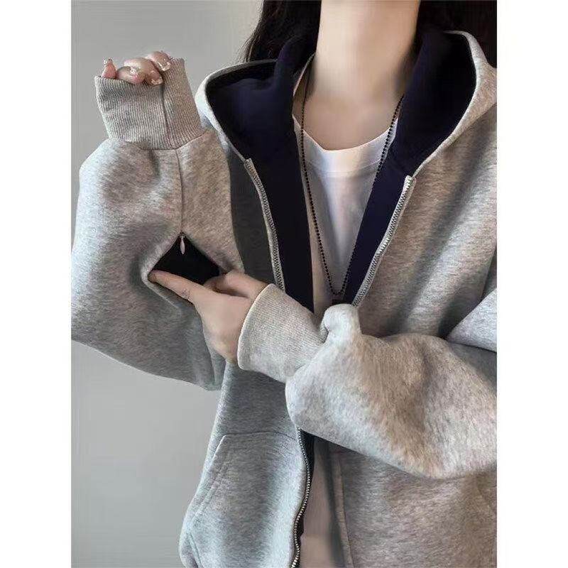 潮牌cleanfit拉链开衫卫衣男女秋冬学生休闲帽衫拼接情侣加绒外套
