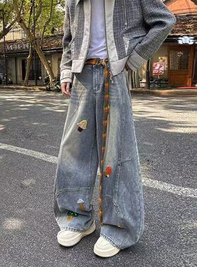 美式潮牌刺绣水洗弯刀牛仔裤男春夏微喇宽松cleanfit阔腿拖地长裤