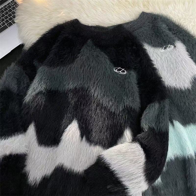 美式复古软糯仿貂毛条纹毛衣男女