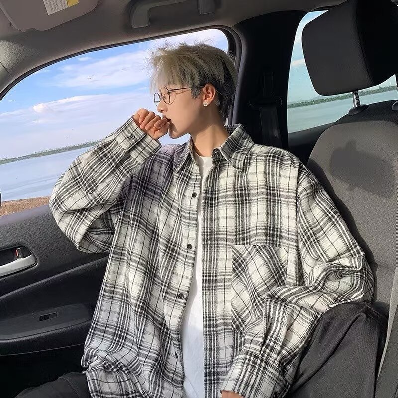 美式复古黑白格子长袖衬衫男