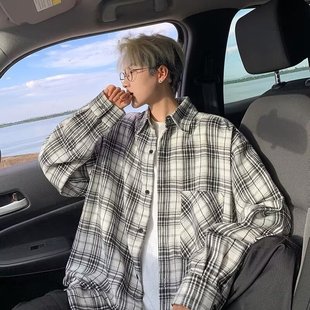 美式复古黑白格子长袖衬衫男春夏季高级感痞帅学生休闲衬衣外套潮