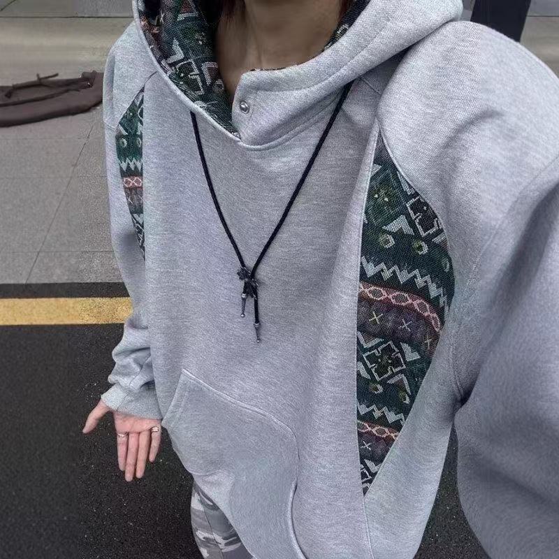 潮牌cleanfi民族风连帽卫衣男女秋冬宽松学生加绒连帽衫拼接外套