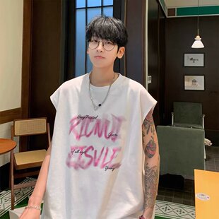 T恤潮 篮球运动纯棉休闲坎肩无袖 美式 潮牌街头字母印花背心男夏季