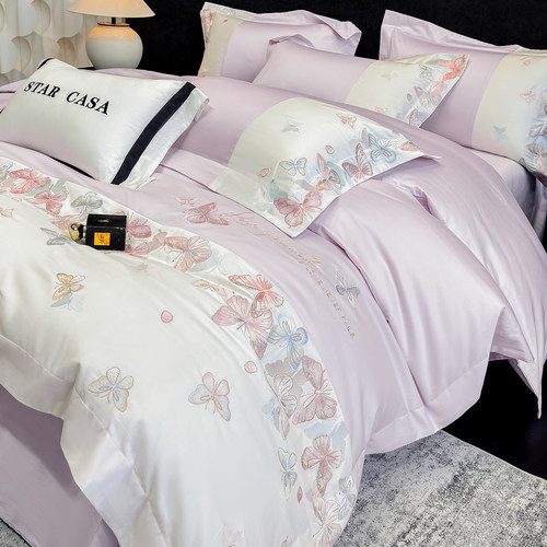 轻奢纯棉蝴蝶刺绣紫色四件套