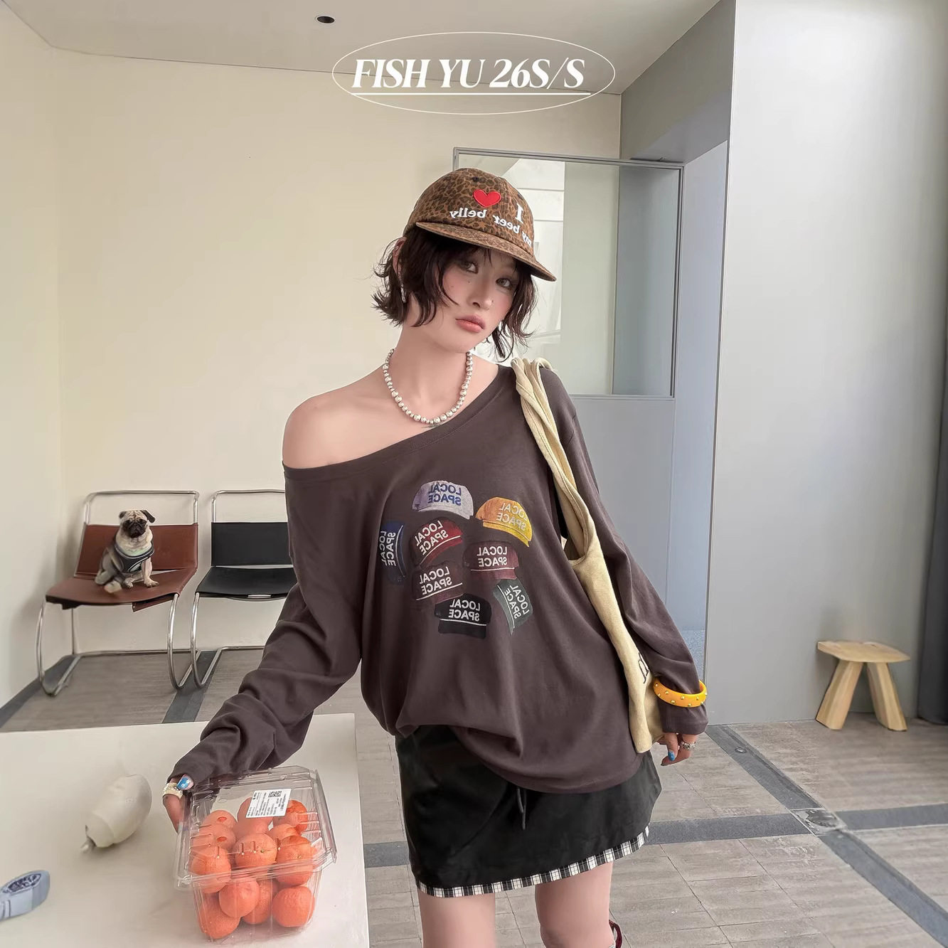 FISHYU 早春2026新款街头感棒球帽印花斜肩长袖t恤女学生宽松上衣