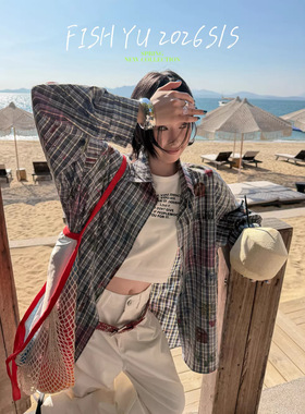 FISHUYU早春2026新款韩系趣味印花翻领格纹薄款减龄防晒衬衫女潮