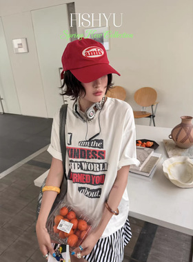 FISHYU夏季新款美式复古做旧裂纹字母印花宽松短袖t恤女ins风上衣
