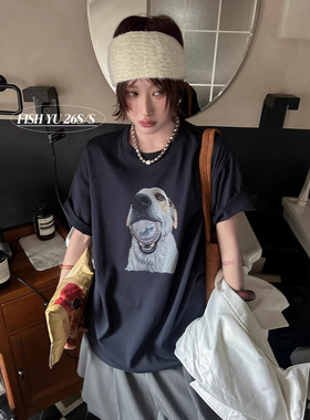 FISHYU 夏季2026新款美式复古狗狗棒球印花宽松短袖洋气t恤女休闲
