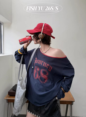 FISHYU夏季新款韩范复古撞色字母68印花斜肩长袖t恤女洋气ins上衣