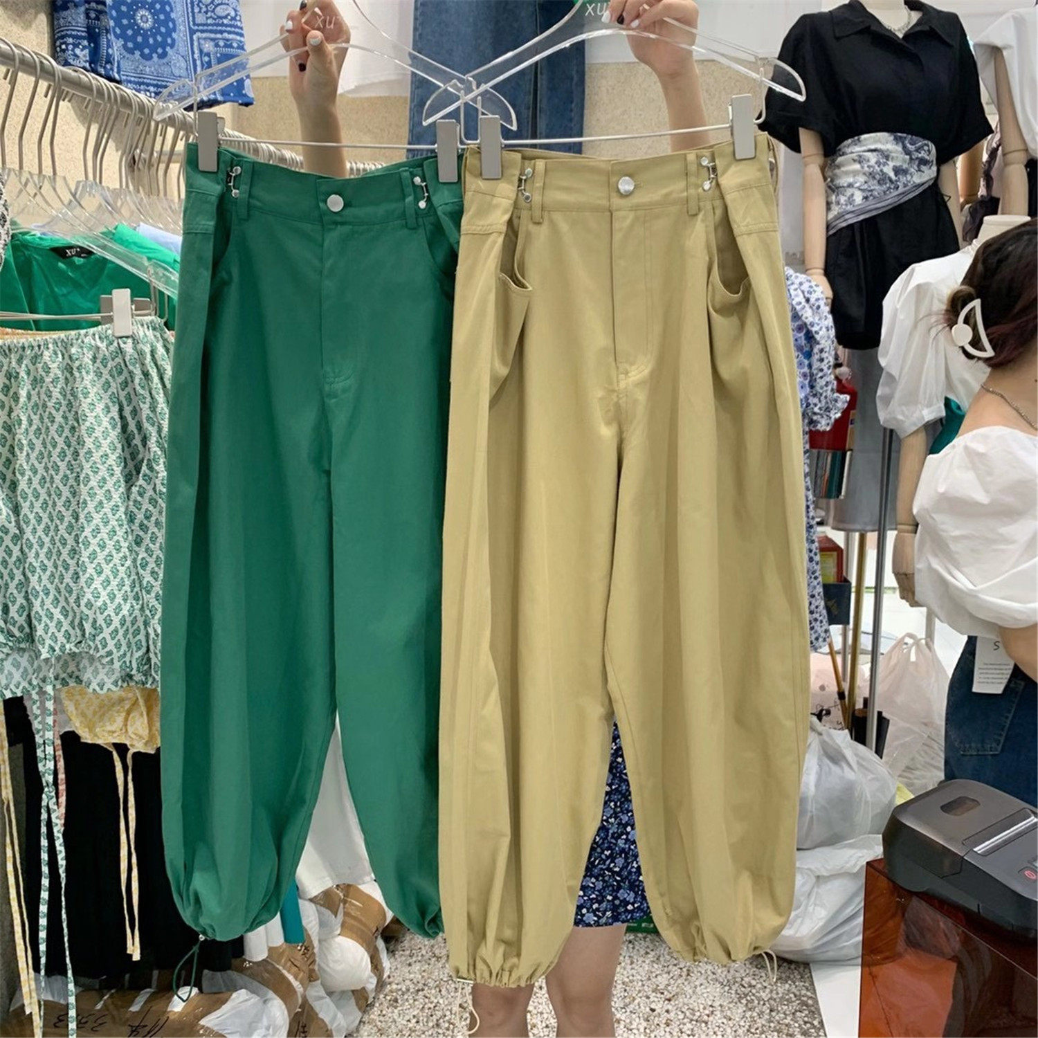 XU+夏季新款韩版绿色哈伦裤港风休闲直筒裤可调节高腰束脚裤显瘦