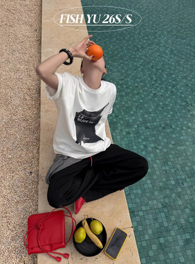 FISHYU夏季2026新款美式复古字母印花宽松显瘦圆领短袖t恤女薄料