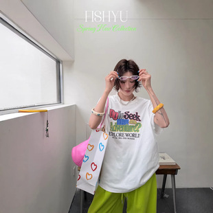 FISHYU 夏季2026新款美式复古撞色字母印花宽松圆领短袖t恤女上衣