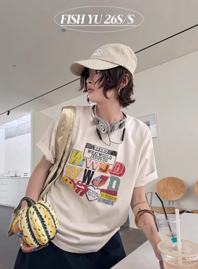 FISHYU夏季新款美式复古水洗炒色字母印花短袖t恤女学生ins风上衣