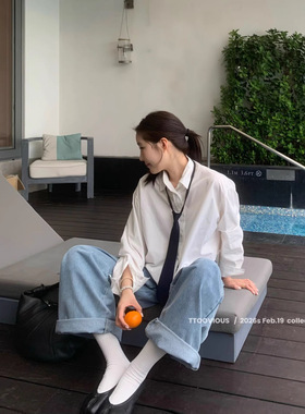 TTOO VOUIS春季2026新款宽松衬衣配领带两件套装短款长袖棉衬衫女