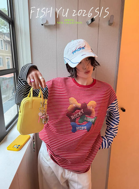 FISHYU 早春新款韩版ulzzang复古立体趣味印花撞色条纹长袖t恤女