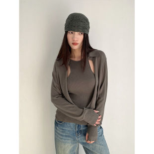 针织衫 韩版 深V领长袖 灰色外搭 誉一新款 背心叠穿两件套装 2026春季