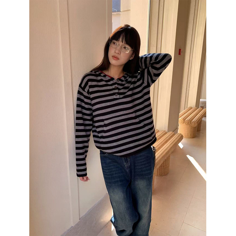 誉一新款2025秋冬港味设计感复古拼色连帽卫衣条纹宽松长袖上衣女