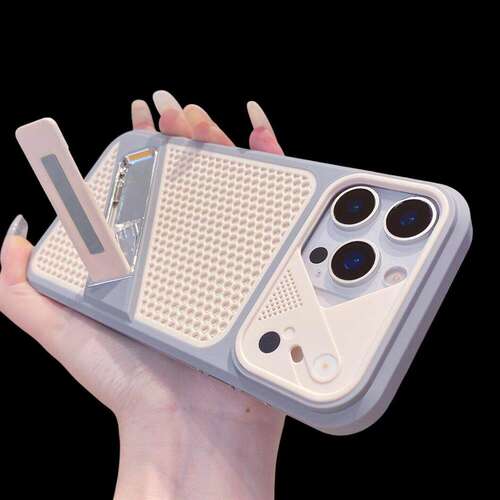 斜翻一字支架镂空网孔散热适用苹果17promax手机壳iPhone16pro高级感15镂空创意小众14pro全包13肤感pc硬壳12