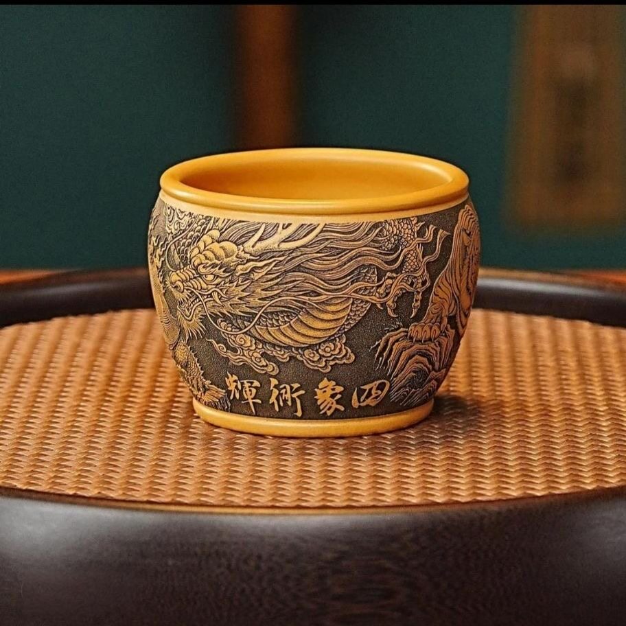 宜兴正宗原矿黄金朱泥紫砂主人杯全手工刻绘四大神兽茶杯紫砂杯