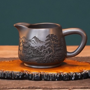 原矿紫砂石黄泥料刻绘烟雨入江南公道杯品茗杯全手工制作容量280c