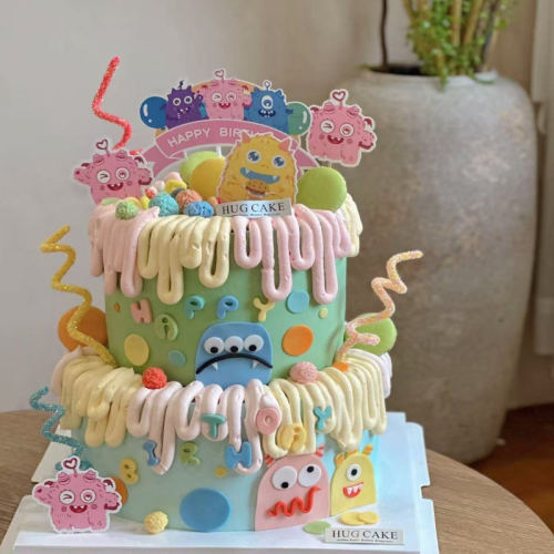 卡通多巴胺小怪兽蛋糕装饰插件超可爱毛毛怪儿童生日搞怪动漫插牌