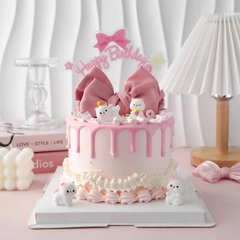 粉耳朵小猫咪蝴蝶结公主少女生日蛋糕装饰摆件Happy Brithday插卡