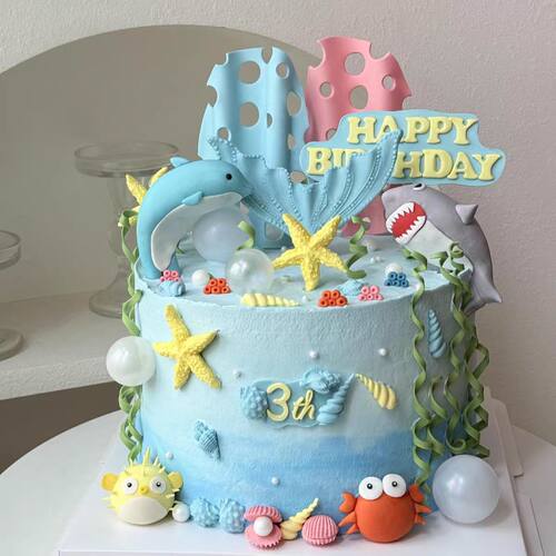 海洋生物世界主题蛋糕装饰摆件海豚鲨鱼鲸鱼海草螃蟹儿童生日装扮