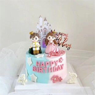 薇拉公主王子蛋糕装饰摆件提粉裙女孩拿宝剑绿披风皇冠白皇服男孩
