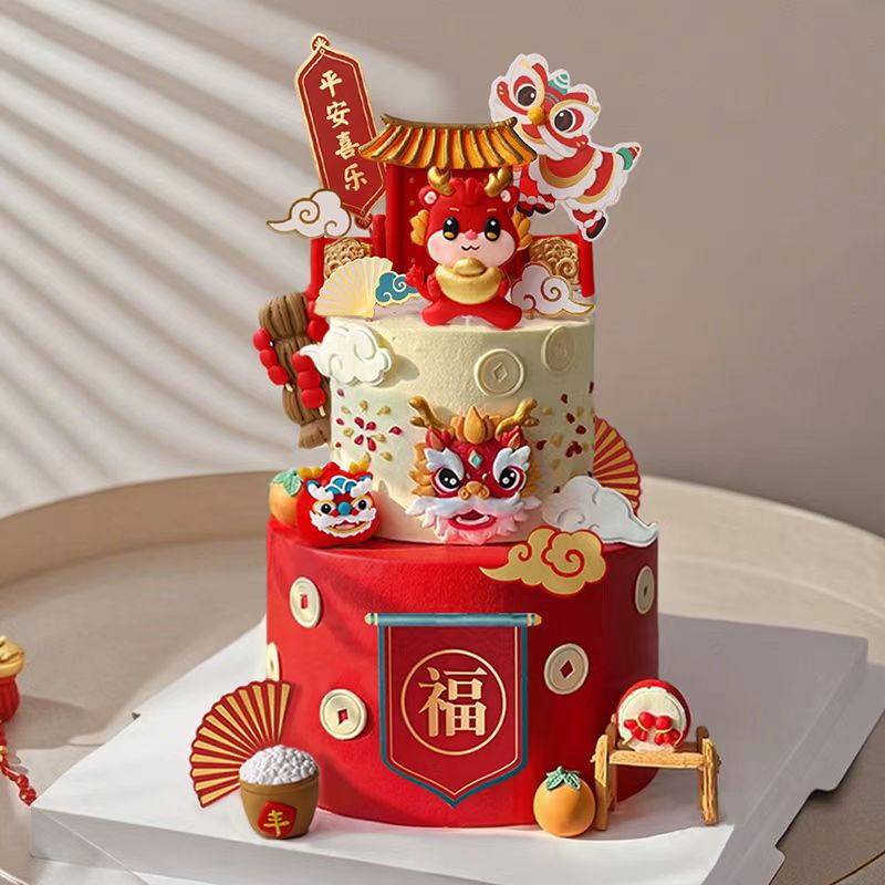 龙宝宝周岁蛋糕装饰龙头福门团子蛋糕插件生肖龙糖葫芦祥云扇子