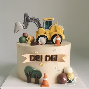儿童蛋糕装饰工程车摆件挖掘机挖机推土机钻地机男孩男生生日装扮