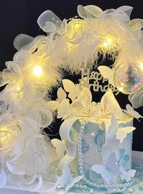 网红小仙女蛋糕装饰半月湾月亮船摆件白色纱花蝴蝶生日装扮插件