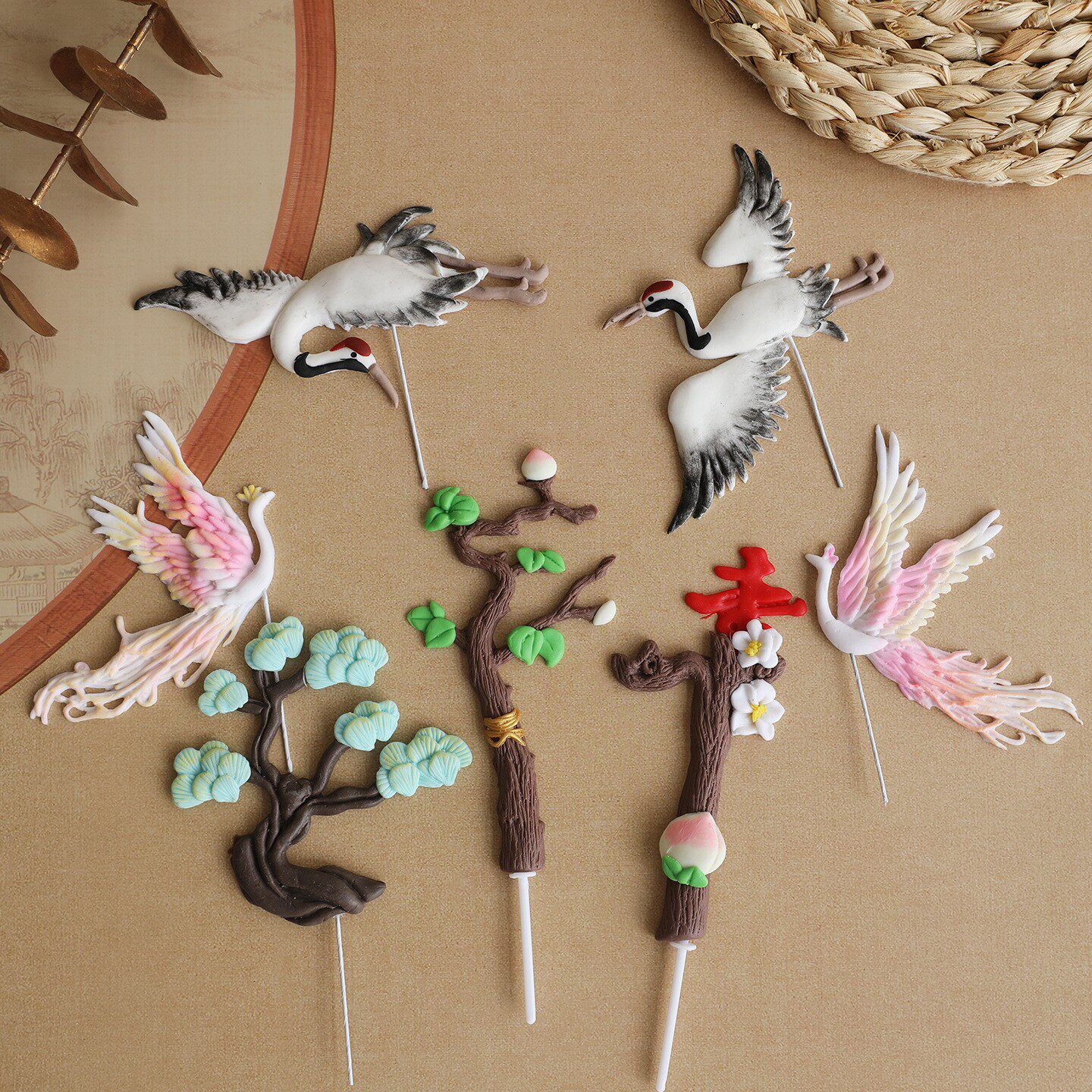 烘焙蛋糕装饰软陶仙鹤寿桃祝寿爷爷奶奶寿宴生日甜品台装扮寿星