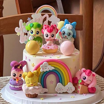 卡通可爱奇妙萌可女孩蛋糕装饰摆件气球彩虹女生公主生日装扮插件