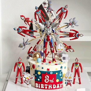 网红卡通变形超人曼机甲蛋糕装饰摆件男孩生日旋转摩天轮插件