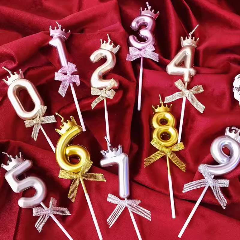 网红款彩色皇冠丝带蝴蝶结数字蜡烛生日蛋糕装饰插件周岁派对装扮