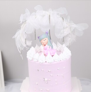 情侣幽静之鹿摆件 镶钻吊坠蕾丝花羽毛拱门插件 女孩生日蛋糕装饰
