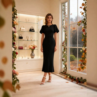 2026欧码跨境连衣裙女夏中长裙短袖灯笼袖开叉连衣裙礼服女装