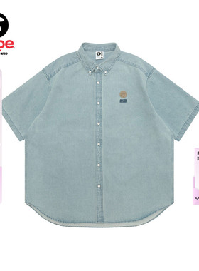Aape旗舰店男装春夏猿人小标徽章水洗做旧牛仔短袖衬衫8563XXQ