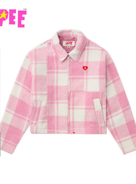 APEE女装秋冬心型刺绣小徽章格纹翻领夹克外套F110A5P