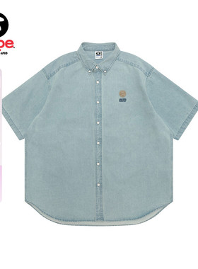 Aape旗舰店男装春夏猿人小标徽章水洗做旧牛仔短袖衬衫8563XXQ