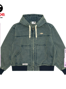 Aape旗舰店女装春夏猿人小标徽章水洗做旧牛仔夹克外套7779XXQ