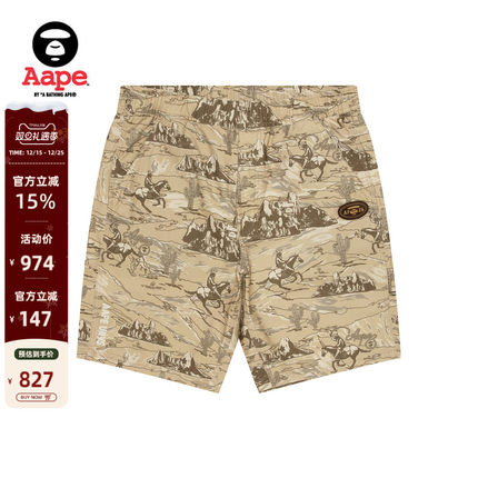 Aape旗舰店男装春夏猿人刺绣西部牛仔图案潮流休闲短裤C609XXO
