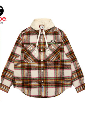 Aape旗舰店男装秋冬可拆卸帽格纹翻领潮流长袖衬衫外套8549XXP