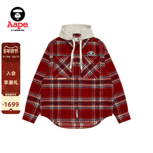 Aape旗舰店男装春夏可拆卸帽猿人刺绣复古格纹长袖衬衫8549XXQ