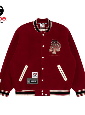 Aape旗舰店男装春秋冰球猿人毛巾徽章红色棒球服卫衣外套B351XXN