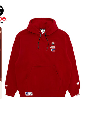 Aape联名RUSSELL男装秋冬经典徽章美式红色薄绒连帽卫衣9783XXP