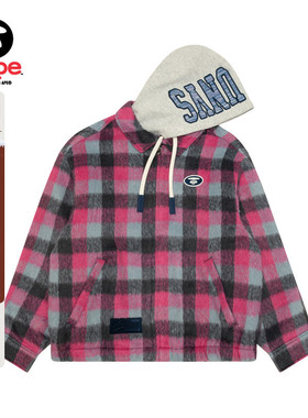 Aape旗舰店男装秋冬可拆卸帽撞色潮流格纹红色夹克外套7743XXP