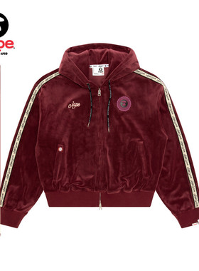 Aape旗舰店女装秋冬猿人校园徽章丝绒红色短款卫衣外套D325XXP
